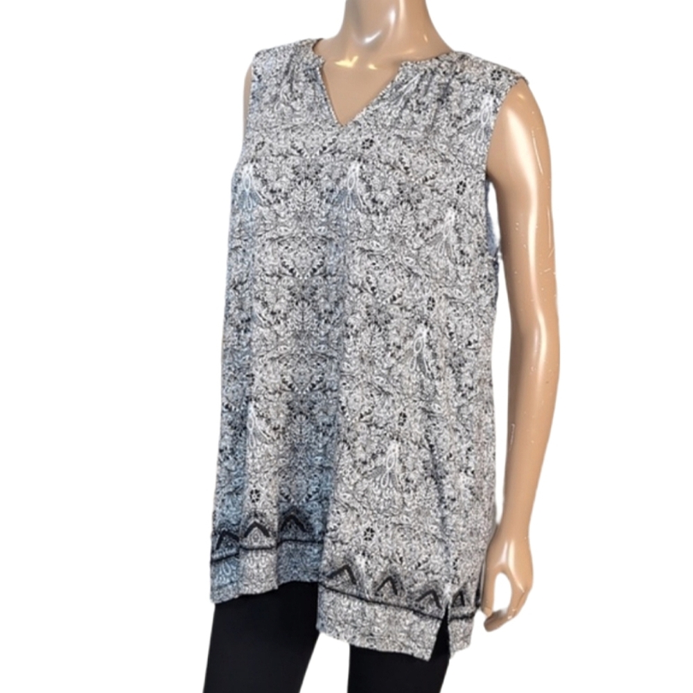 Dalia Sleeveless Tunic Top Womens Size XXL Black White Paisley Embroidered